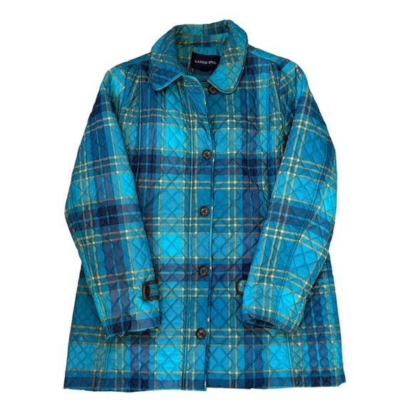 Lands End Quilted Plaid Barn Jacket Women Size L/T 14-16 Blue Gold Outerwear EUC - Picture 4 of 10